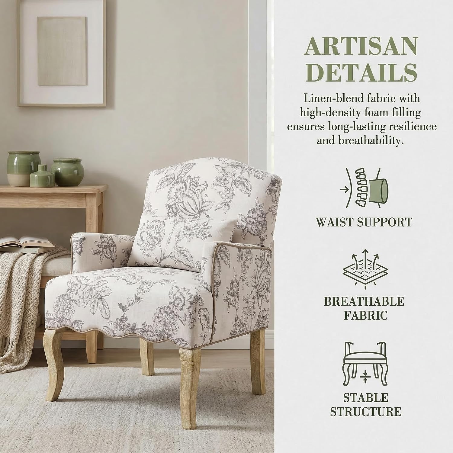 Floral Accent Chair Fabric Comfy Single Sofa Upholstered Modern Reading Chair with Removable Pillow Wingback Arm Chair for Living Room/Bedroom/Fireplace, Beige