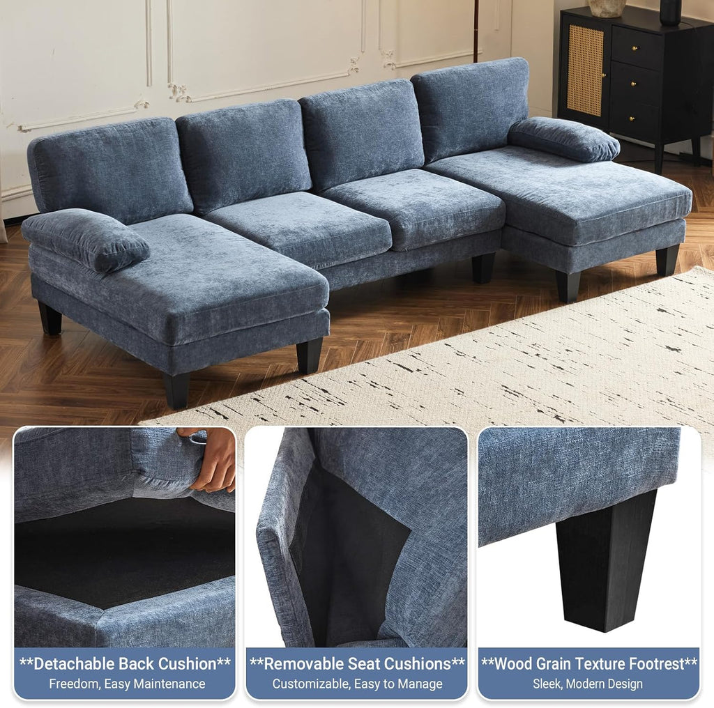 VINGLI 110' Sectional Couches for Living Room,U Shaped Couch with Double Chaise, 4-Seat Sofa Set with Corduroy Fabric for Home Furniture,Ocean Blue