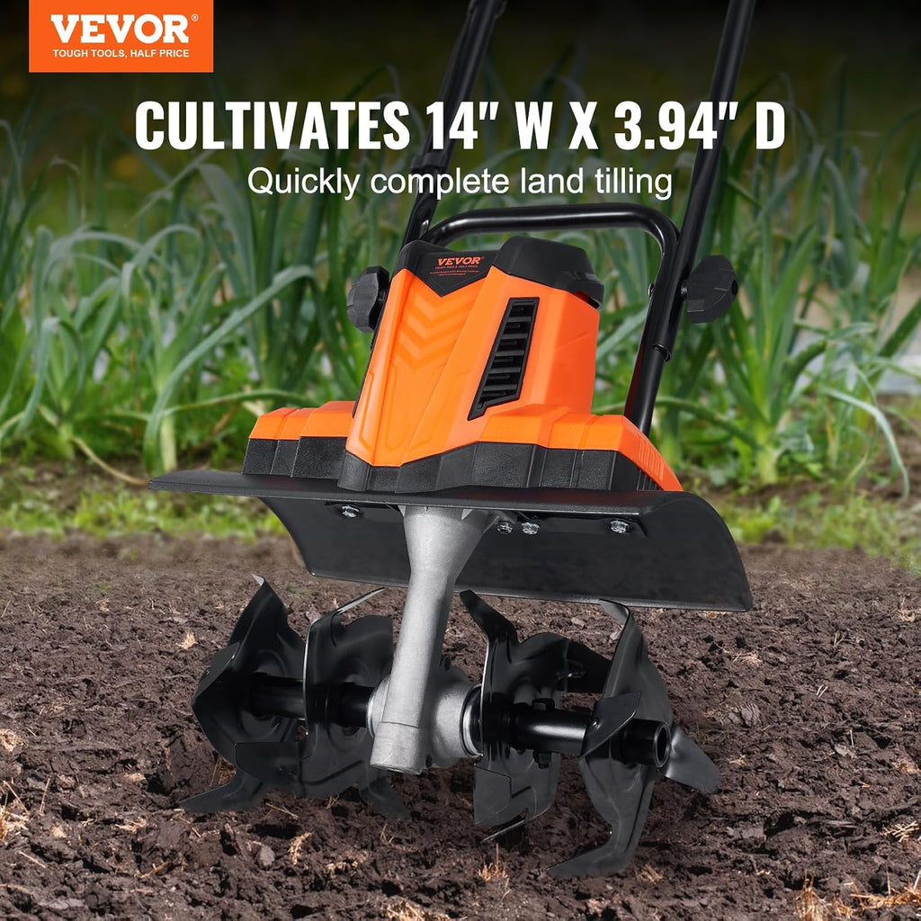 VEVOR 10 Amp Electric Tiller, 14' Tilling Width 3.94' Tilling Depth Corded Electric Tiller/Cultivator, Steel Mn Tines, Rototiller for Garden Lawn Soil Digging