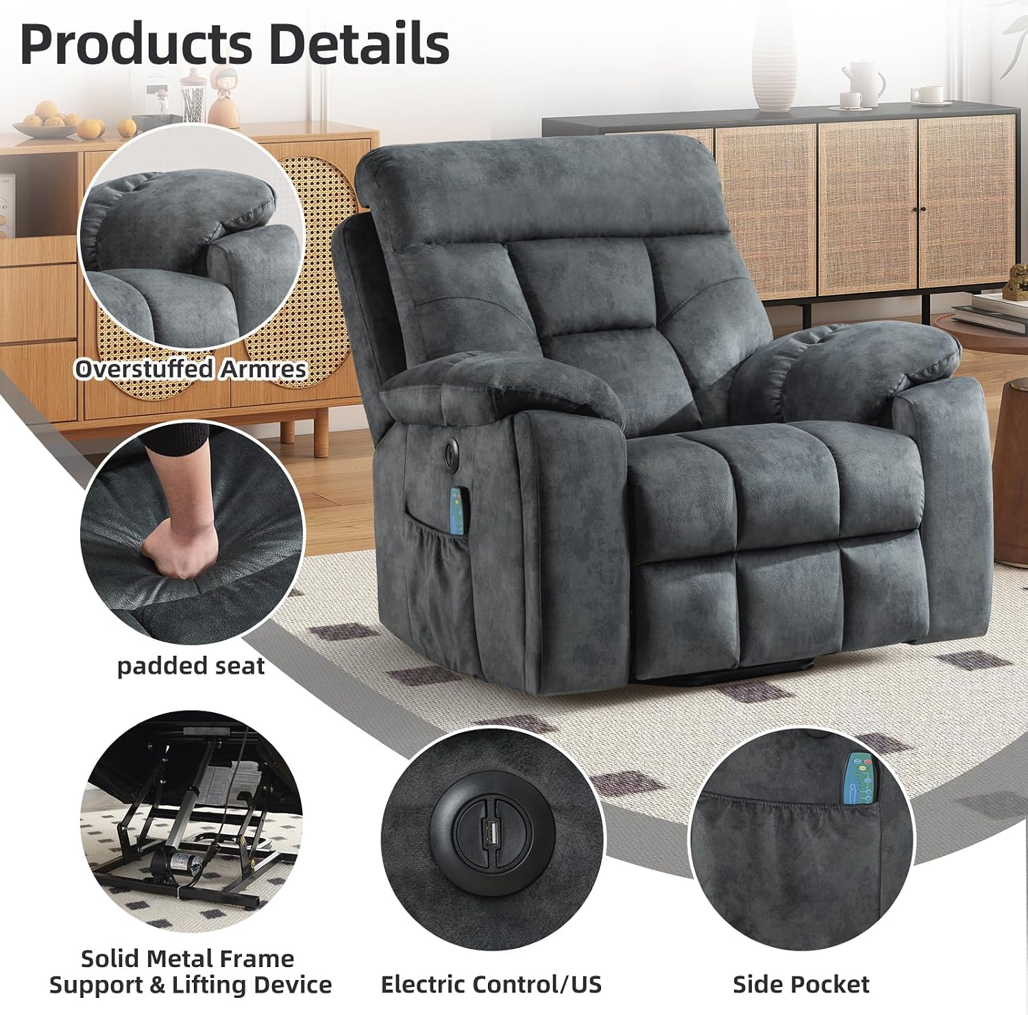 EBELLO Power Lift Recliner Chair with Massage and Heat, Soft Fabric Massage Recliner for Adults with Hidden Cup Holders, Side Pocket, Overstuffed Single Sofa for Living Room, Dark Greenish-Grey