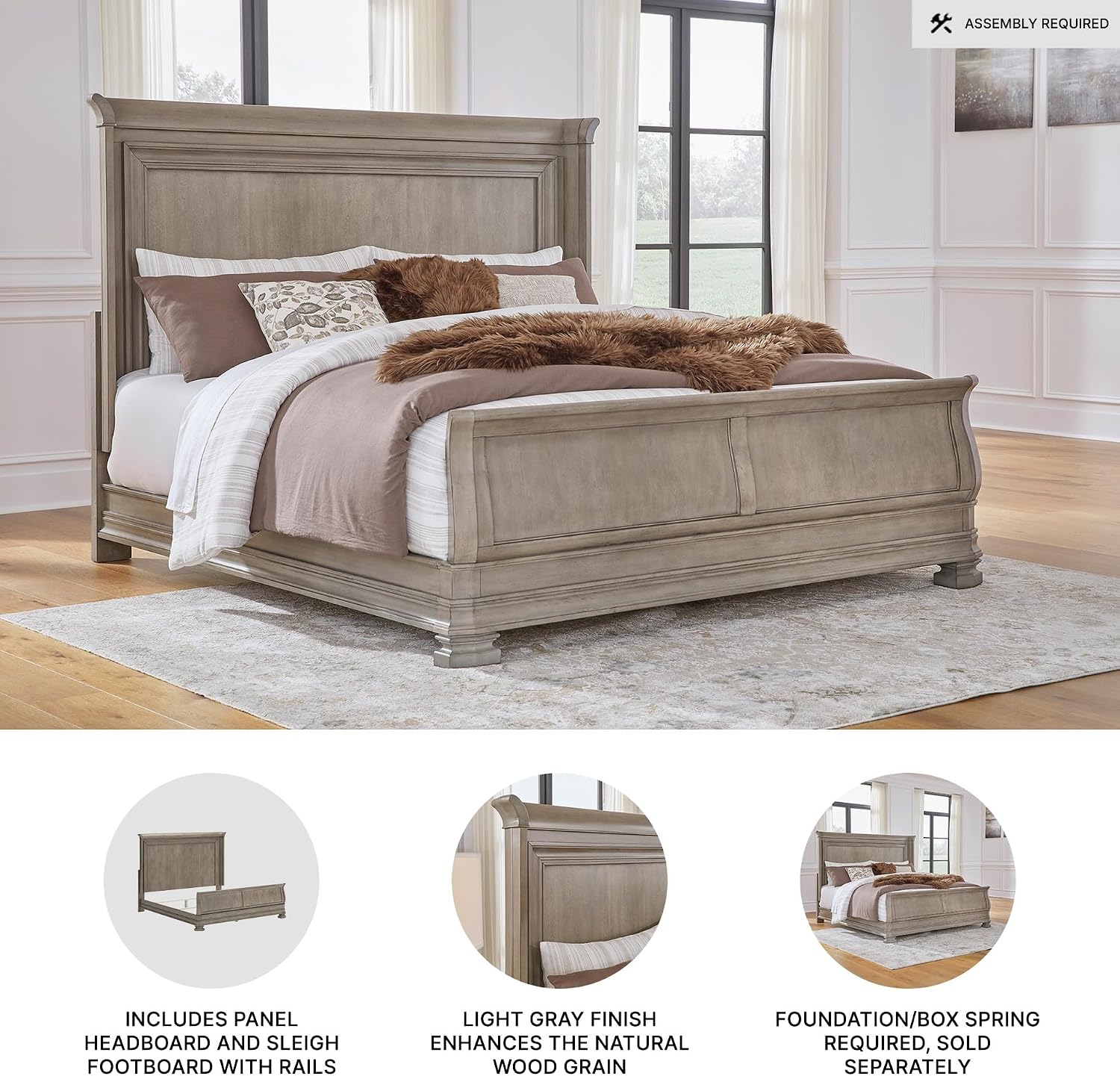 Signature Design by Ashley Lexorne Traditional King Sleigh Bed, Foundation or Box Spring Needed, Light Gray