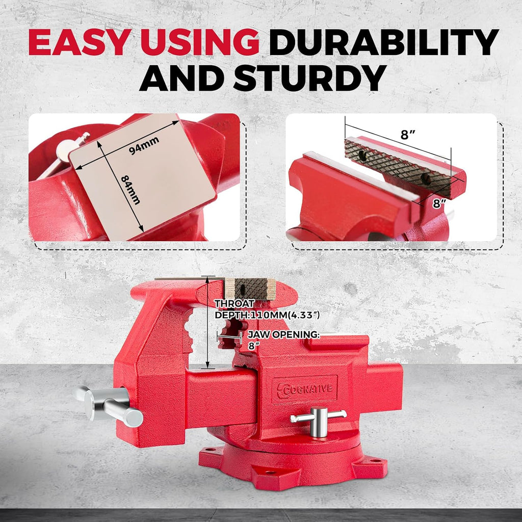 8' Heavy-Duty Bench Vise Ductile Iron Bench Vise with Strong 9900lbs Clamping Force 360° Swivel Bench Vice with Anvil, Red