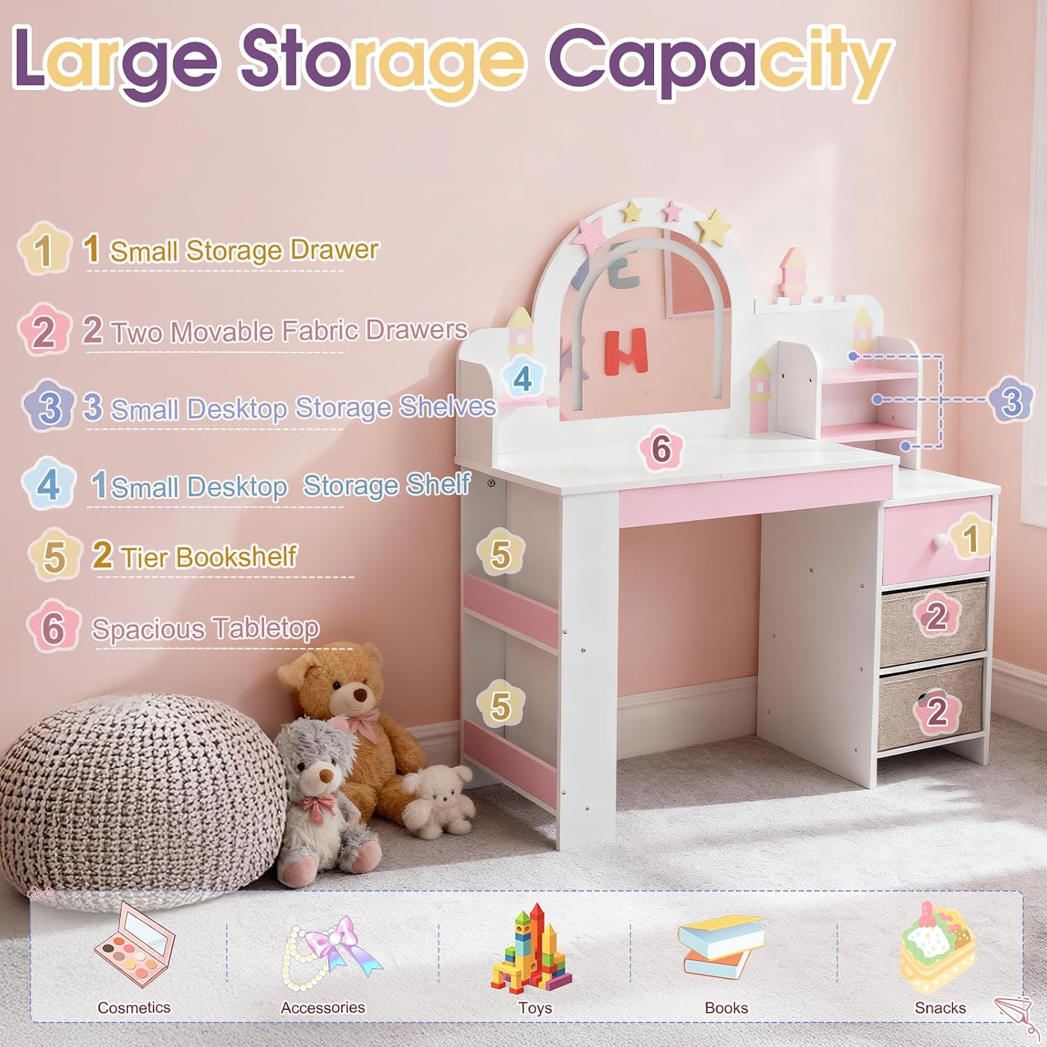 Kids Vanity Table and Chair Set with Lights, Toddler Makeup Vanity Desk with Open Bookshelf, Girls Vanity with Removable Drawers, Storage Shelves,Castle Star Pattern for Princess, White