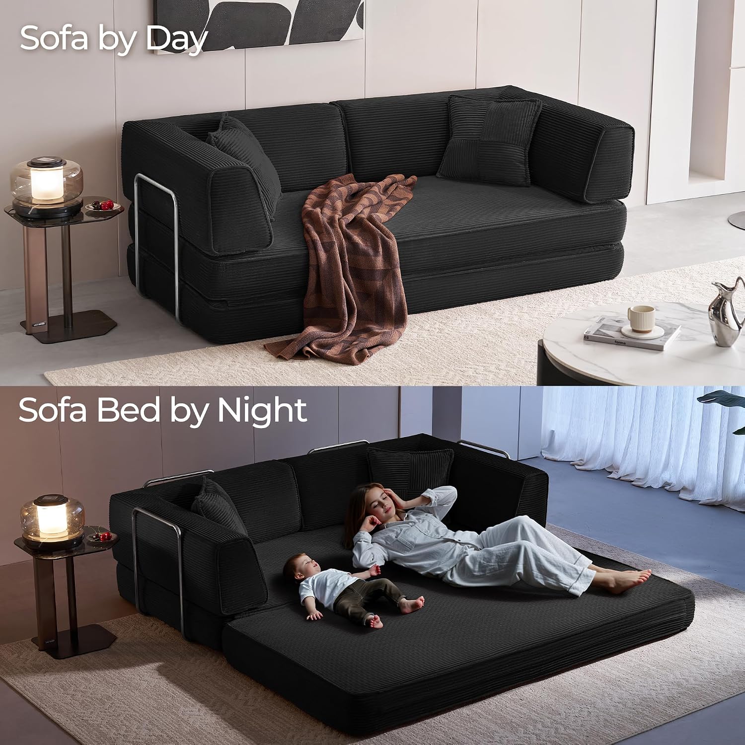 LINSY HOME Sofa Bed Couch - Convertible Boneless Couch Bed with 2 Pillow (Black) | Folding Sofa Bed