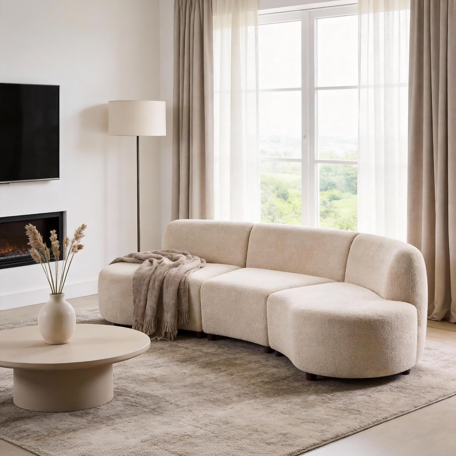 Christopher Knight Home Xata 100.75' Boucle Upholstered Sectional Sofa, Armless 3-Seater Home Sofa Living Room, Sturdy Wooden Frame Couches with Curved Design, Cloud Couch with Deep Seat, Beige