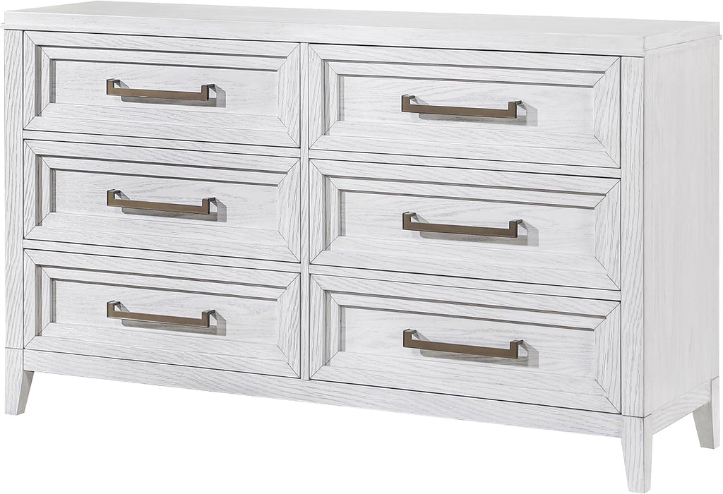 Coaster Home Furnishings - Marielle - Wood - 6-Drawer Bedroom Dresser with Antique Brass Bar Pulls, Rectangular Structure, Stepped Front Design - Bedroom - Distressed White - 224843