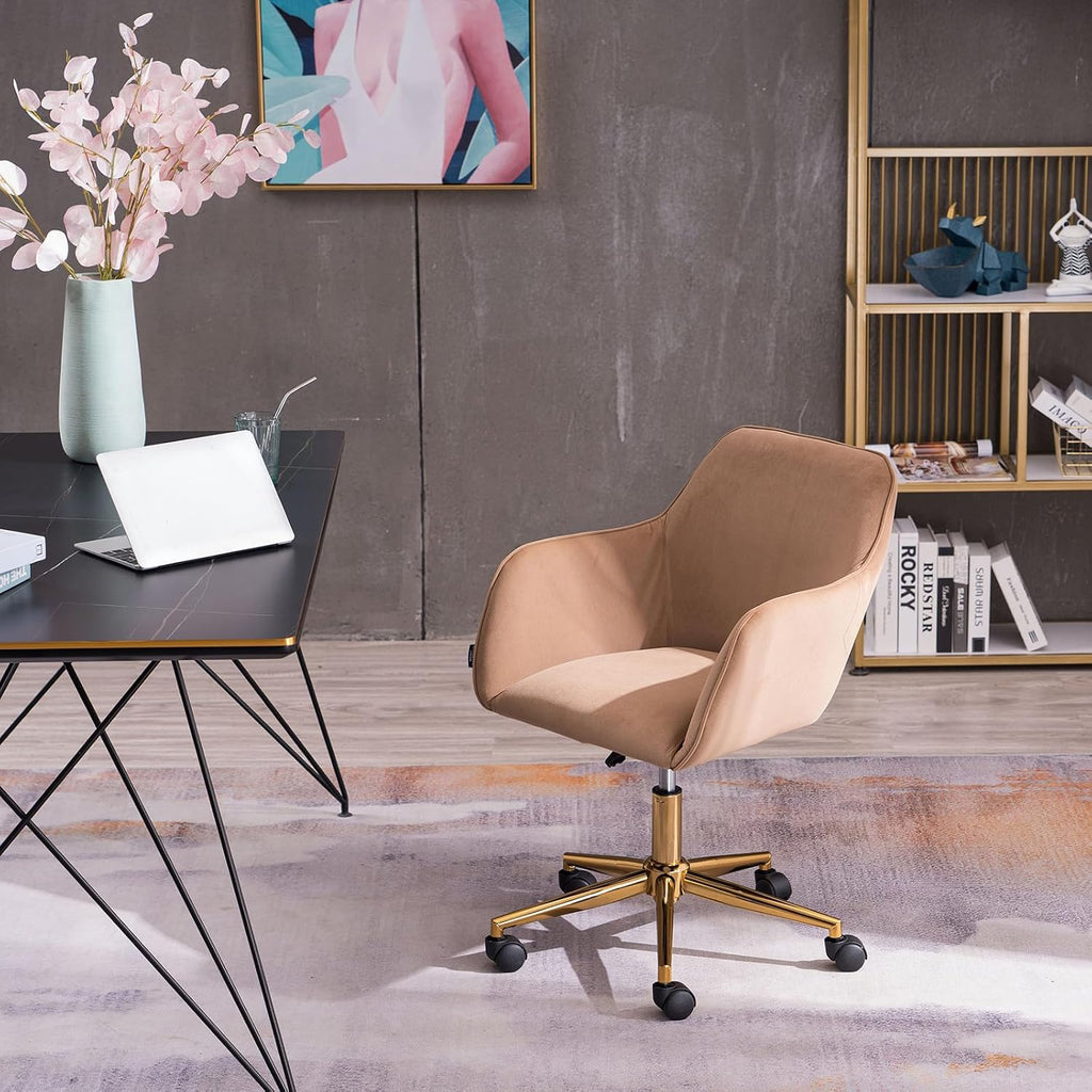 Modern Velvet, Height Adjustable, 360° Swivel Office Chair, Upholstered Cosmetic Dresser Armchair with Metal Feet and Backrest, Bedroom Furniture Light Coffee
