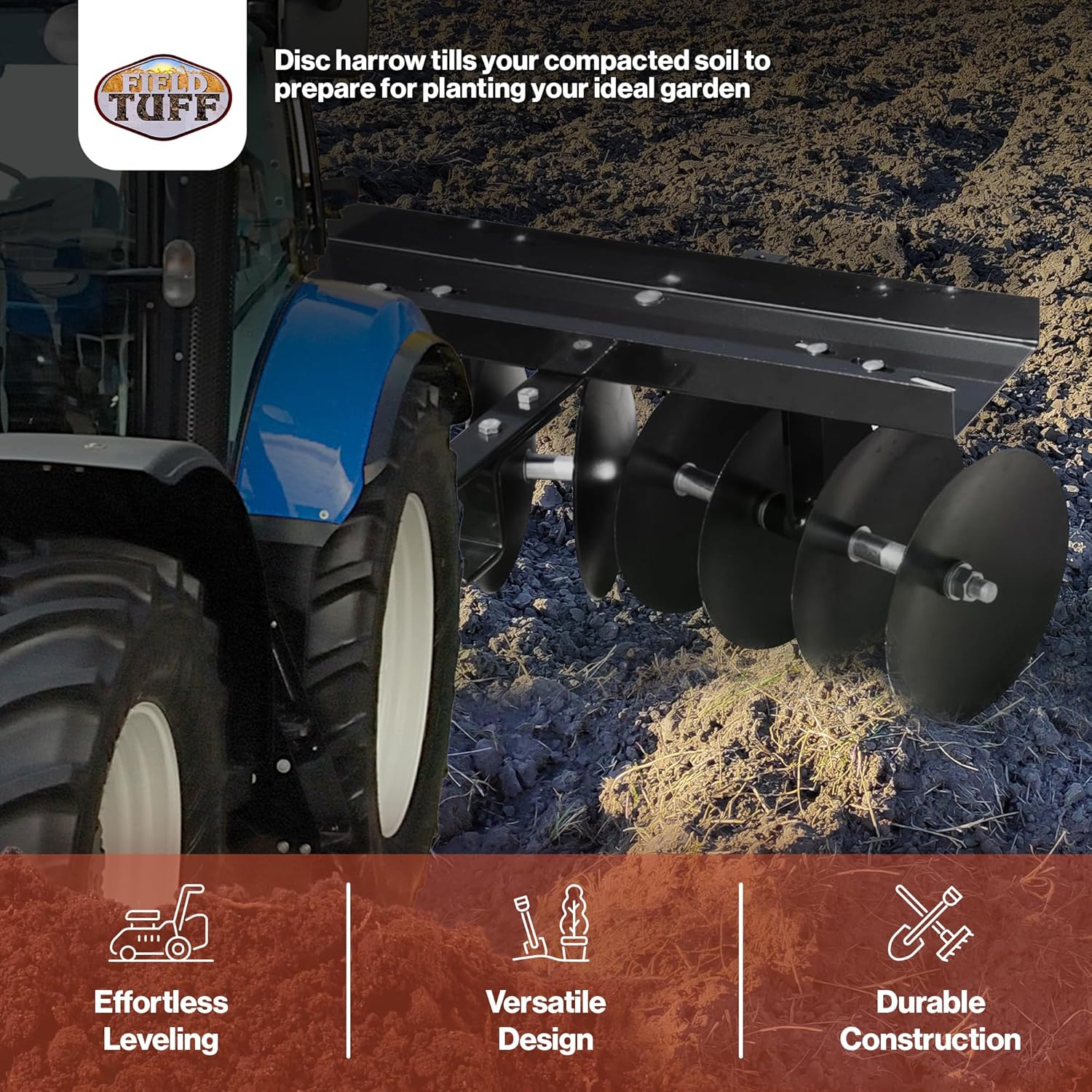 Field Tuff Steel Tow Behind Sleeve Hitch Garden Cultivator Soil Tiller Disc Harrow Tractor Attachment with 39 Inch Working Width, 11 Inch Discs, Black