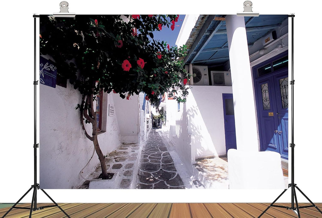 20x10ft Fabric Mykonos Greece Narrow Alley with Hibiscus Vine and Blue Doors Backdrop Artistic Floral Background for Summer Themed Party Decorations Home Wall Hanging Tapestry Photo Booth Props