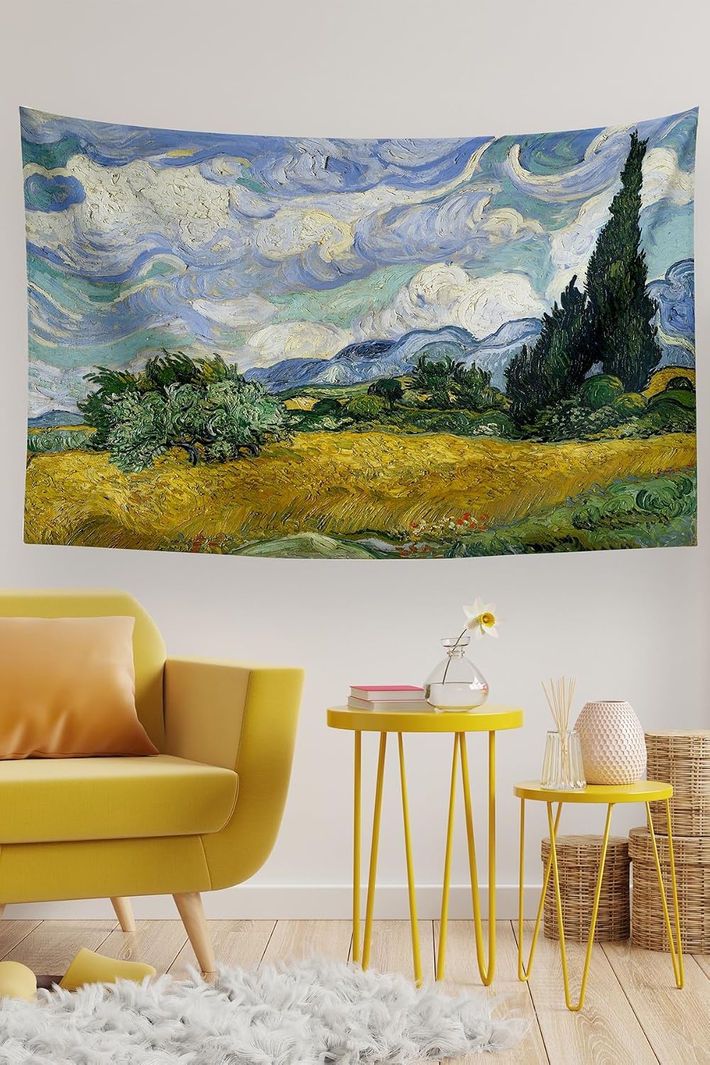 Van Gogh Cypress Tree Tapestry Wall Hanging 65x40cm Cotton Famous Painting Design Home Decor Dorm Room Art Koyu Green - Green, 55x39 inch