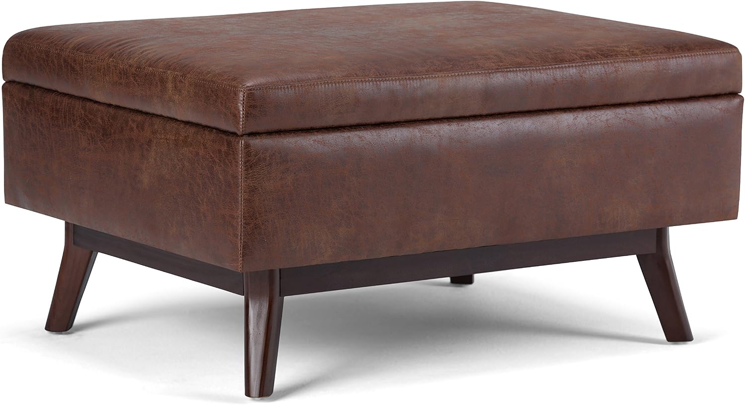 SIMPLIHOME Owen Coffee Table Storage Ottoman - 34' Wide x 19' High Upholstered Vegan Leather Rectangular Lift-Top Ottoman in Distressed Saddle Brown, Mid-Century Modern Bench with Tapered Legs