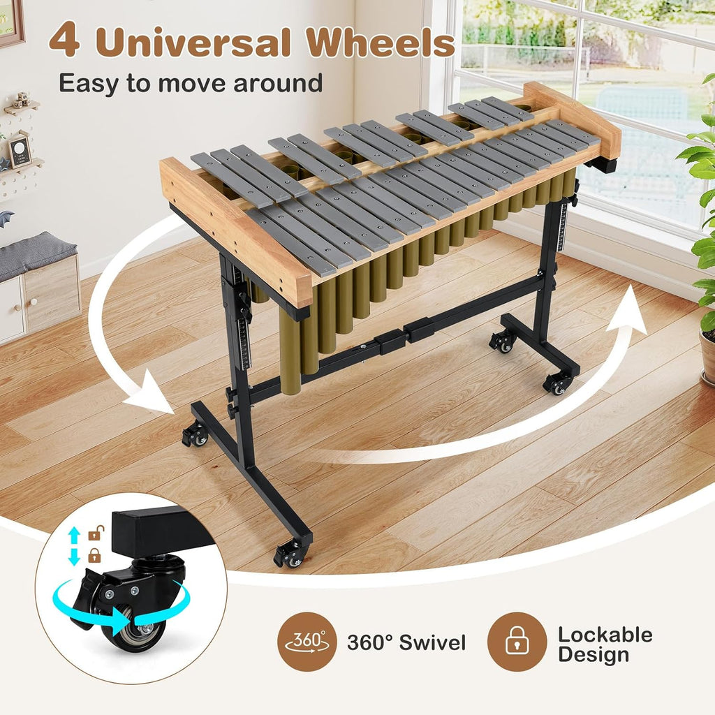 Costzon 32 Note Marimba, Aluminum Xylophone with Rubber Wood Base & Resonance Tubes, 32-Key Professional Glockenspiel with Mallets, Adjustable Stand & Lockable Wheels for Beginners, Students & Adults
