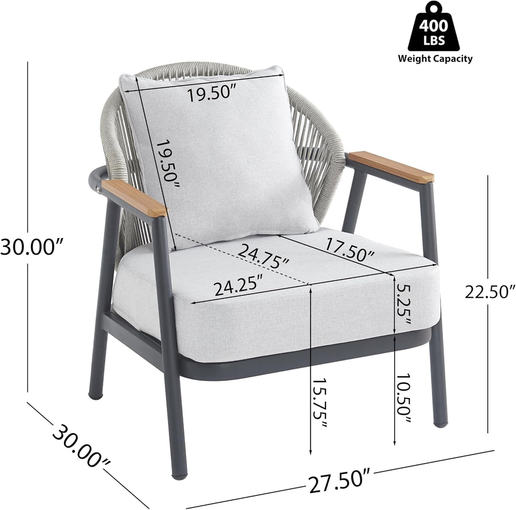 Christopher Knight Home Vine Iron Patio Club Chair Set of 2, Outdoor Accent Chair with Cushions, Wooden Patio Armchair, Ergonomic Comfy Reading Chair for Balcony, Backyard, Garden, Dark Grey+Grey