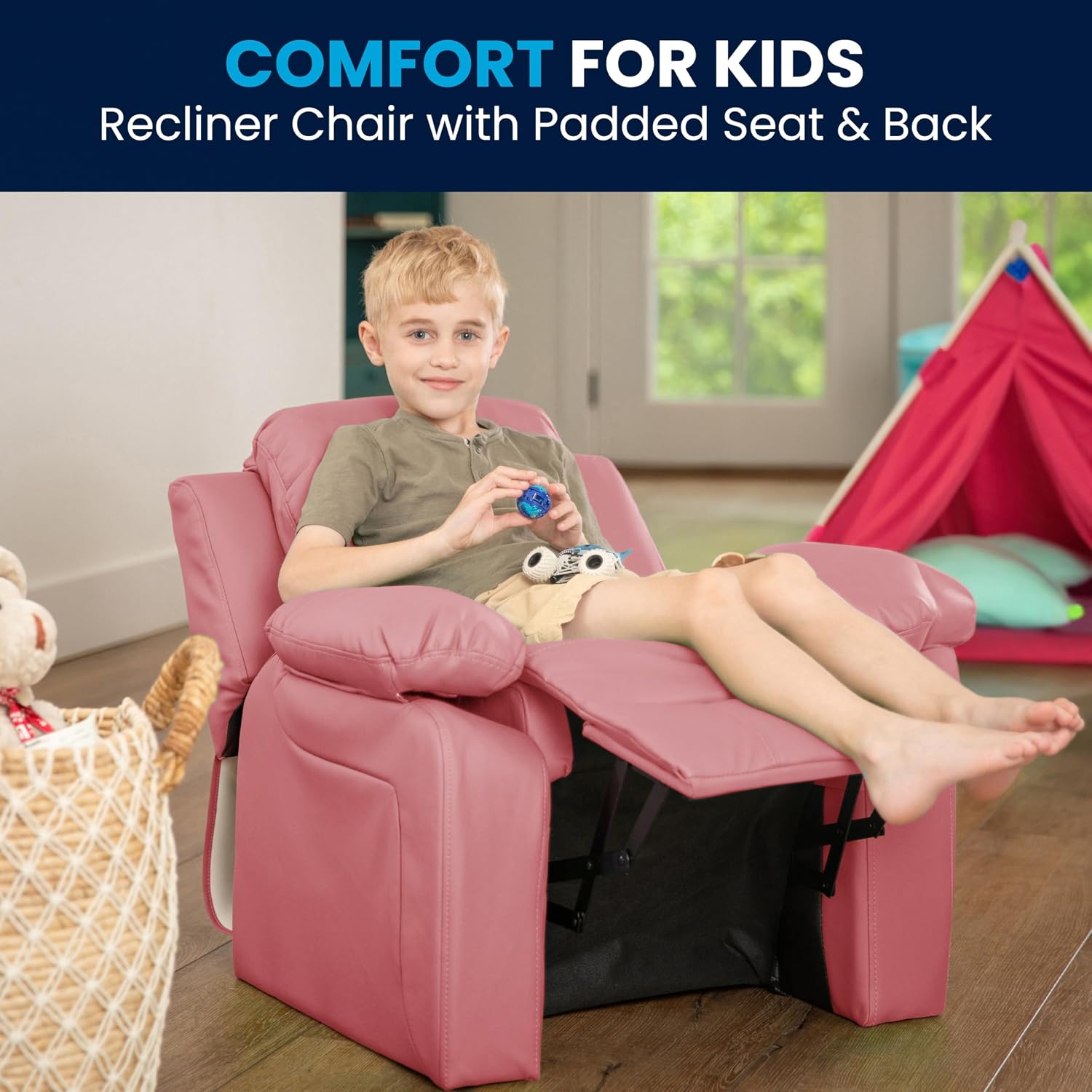 Flash Furniture Charlie Vinyl Kids Recliner with Flip-Up Storage Arms and Safety Recline, Contemporary Reclining Chair for Kids, Supports up to 90 lbs., Pink