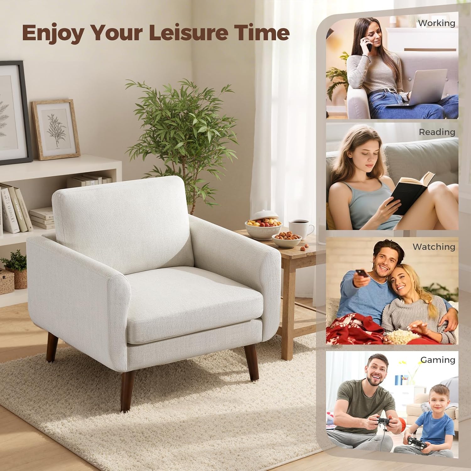 Oversized Accent Chair for Living Room, 37' Mid-Century Modern Comfy Reading Chair, Linen Fabric Solid Wood Frame Armchair, Upholstered Beige Bedroom Accent Chairs Set of 2 for Adults