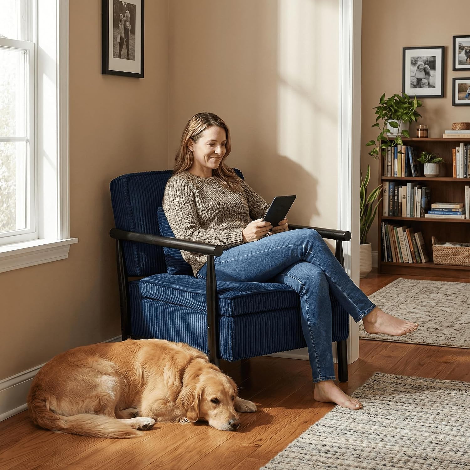Accent Chair with Hidden Storage, Mid-Century Upholstered Armchair with Solid Wood Frame, Corduroy Fabric Accent Chair for Living Room, Bedroom, and Reading Corner(Blue)