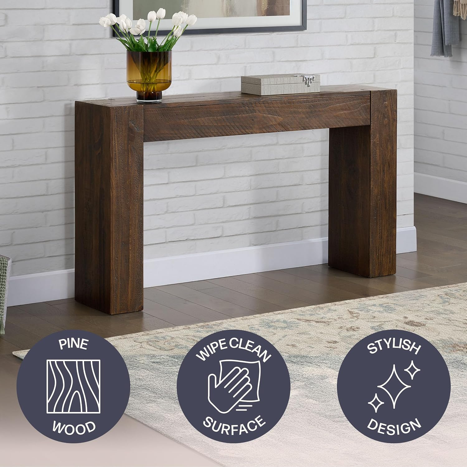 Alaterre Furniture Stockyard Solid Wood Console Table - 56 Inch Modern Farmhouse Entryway Table - Easy Assembly Living Room Furniture for Behind The Couch, Entryway, or Hallway (Brown)