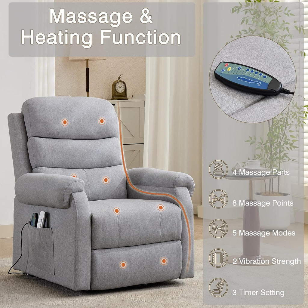 LOUVIXA Power Lift Recliner Chair Recliners for Elderly with Heat and Massage Recliner Chair for Living Room with Infinite Position and Side Pocket, USB Charge Port (Light Grey)