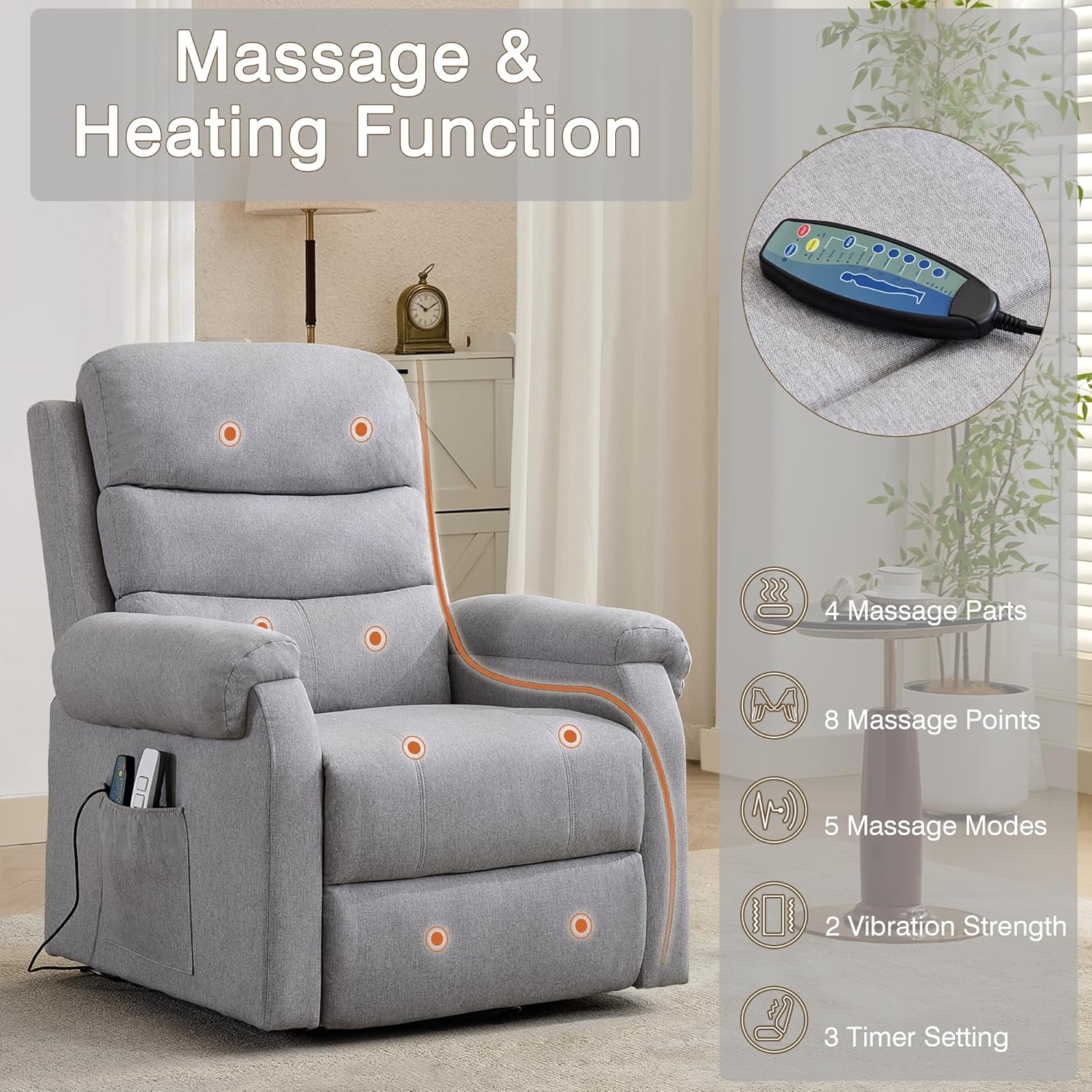 LOUVIXA Power Lift Recliner Chair Recliners for Elderly with Heat and Massage Recliner Chair for Living Room with Infinite Position and Side Pocket, USB Charge Port (Light Grey)