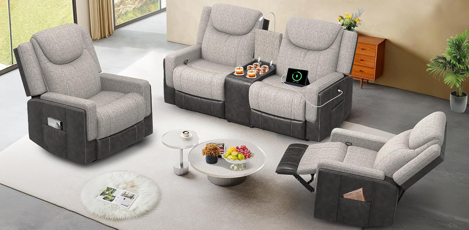 Dresegmt Living Room Furniture Set, Loveseat Recliner Sofa with Storage Console and 2 Oversize Recliner Chairs, Elegant Timeless Manual Reclining Couches for Living Room/RV (Grey, 2+1+1)