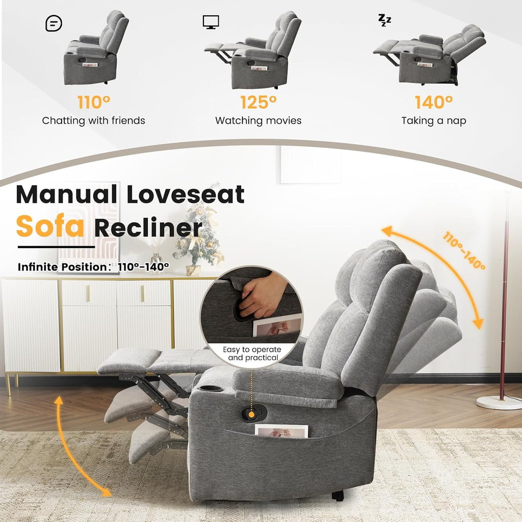Manual Recliner Sofa Set for Living Room, Comfy Chenille Loveseat Recliner Sofa & Deep Seat Reclining Couch, RV Wall Hugger Loveseat Sofa Set for Living Room Furniture Sets(Gray)