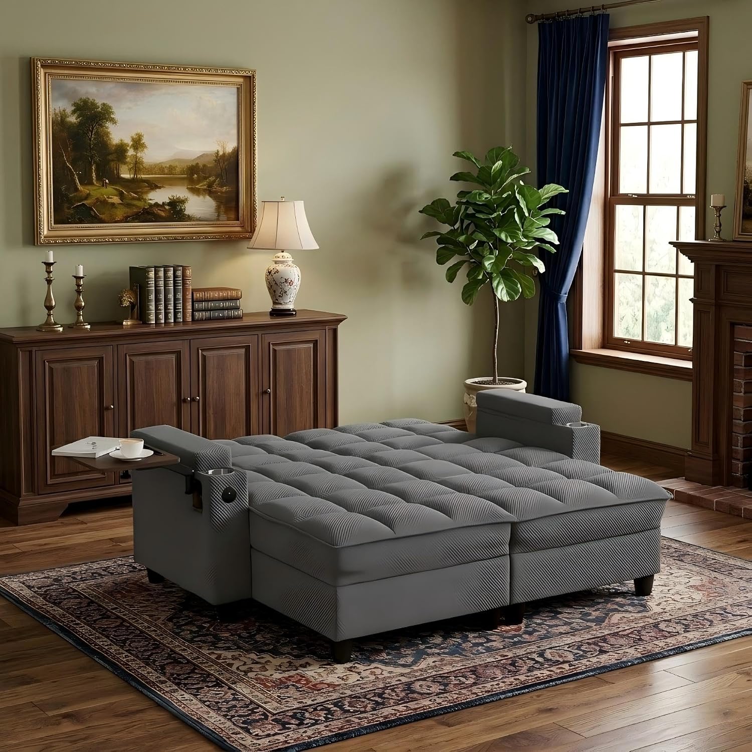 Eafurn Double Chaise Lounge Convertible Sleeper Chair Sofabed W/Storage and 6-Position Reclining Backrest, Modern Tufted Recliner Lounge Chaise Couch with Swivel Table & USB for Living Room