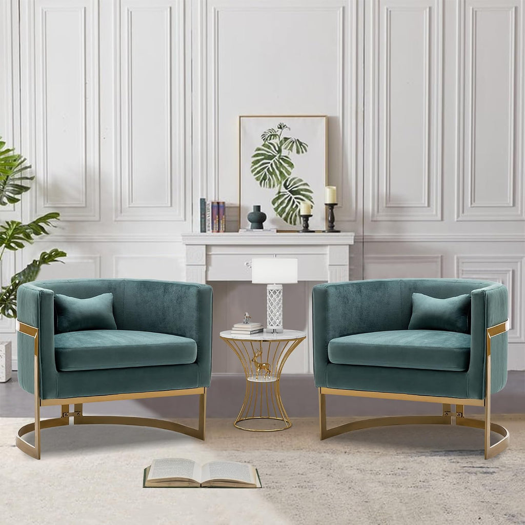 Velvet Accent Chair, Modern Upholstered Arm Chair for Living Room Bedroom Sofa Side Chair Velvet Barrel Chair with Gold Legs Lake Blue