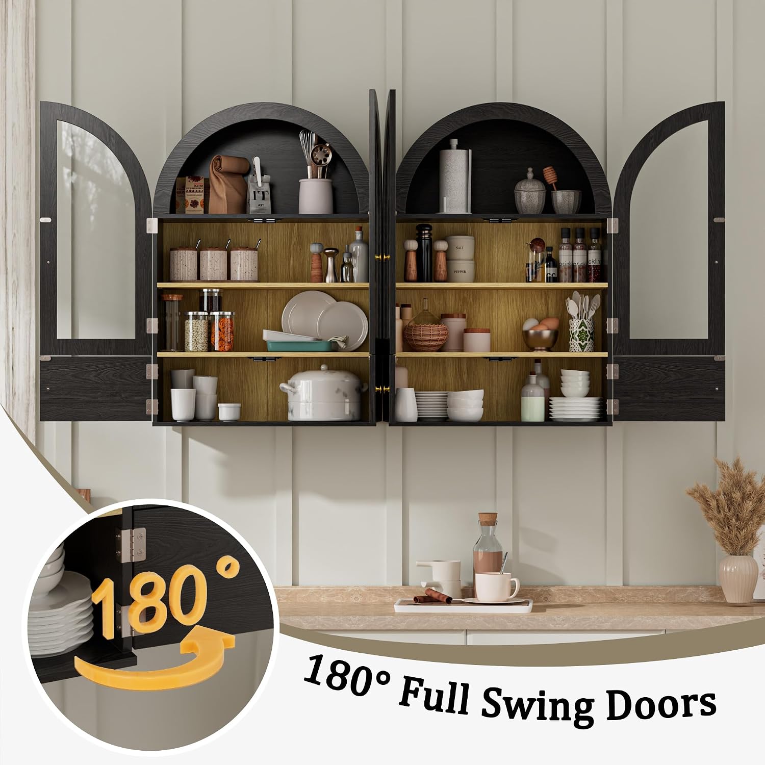 BREEZEHEAT Arched Bathroom Wall Cabinet, Floating Medicine Cabinet Over Toilet Storage w/Glass Doors, Adjustable Shelf, Wood Hanging Cupboard for Laundry Room/Kitchen/Hallway, Black, 23.6x33.5 Inch