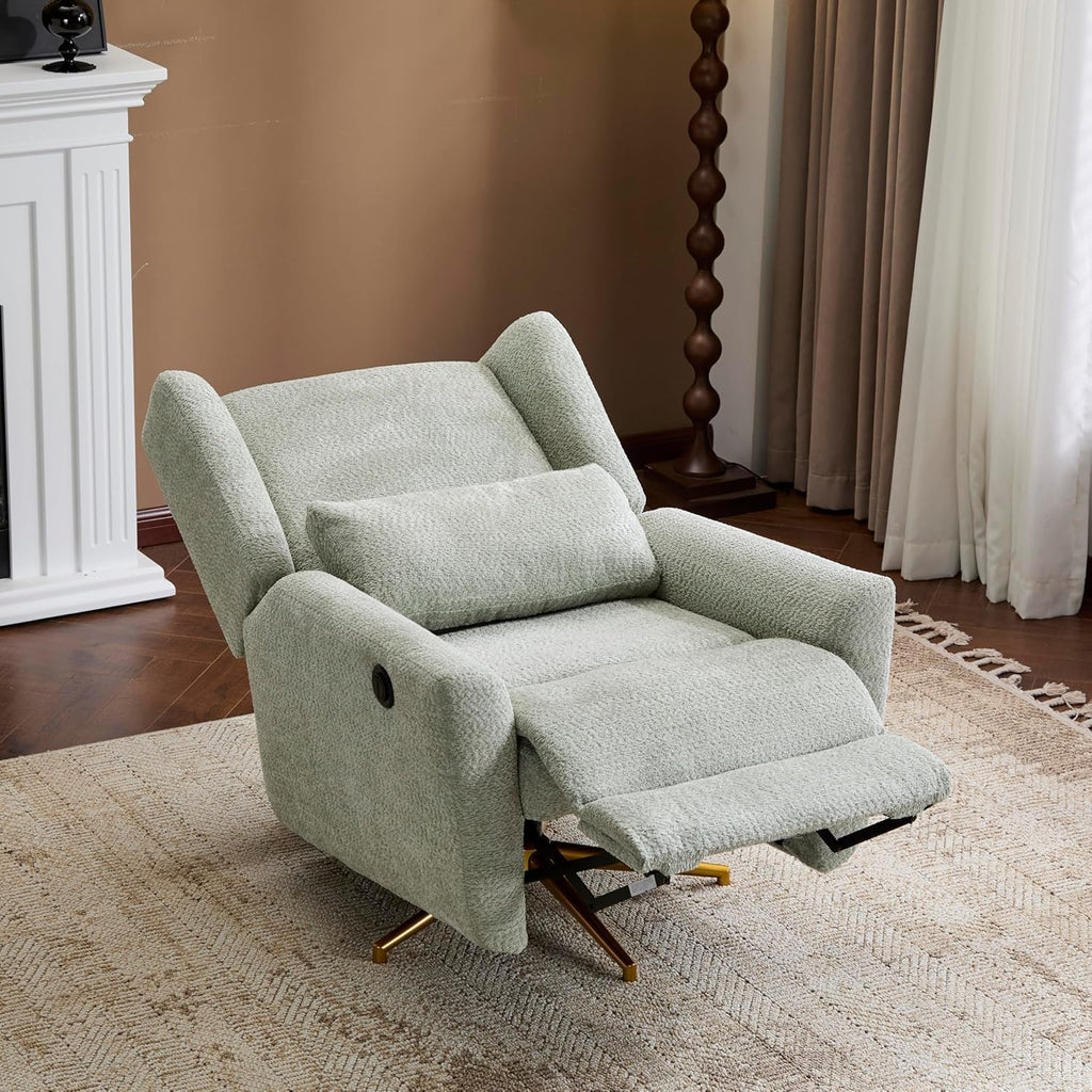 Christopher Knight Home Dolia Boucle Upholstered 360° Swivel Chair, Push-Back Power Recliner Chair, Iron Recliner Sofa with Rotation, Living Room Lounge Sofa, Adjustable Backrest, Gold+Light Green