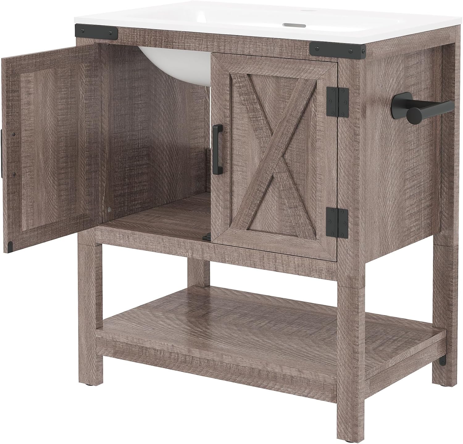 AMERLIFE 24' Farmhouse Bathroom Vanity with Sink Combo, Wood Barn Doors & Open Shelf, Freestanding Single Bathroom Storage Cabinet, Paper Towel Holder, Easy-Clean Countertop, Light Gray