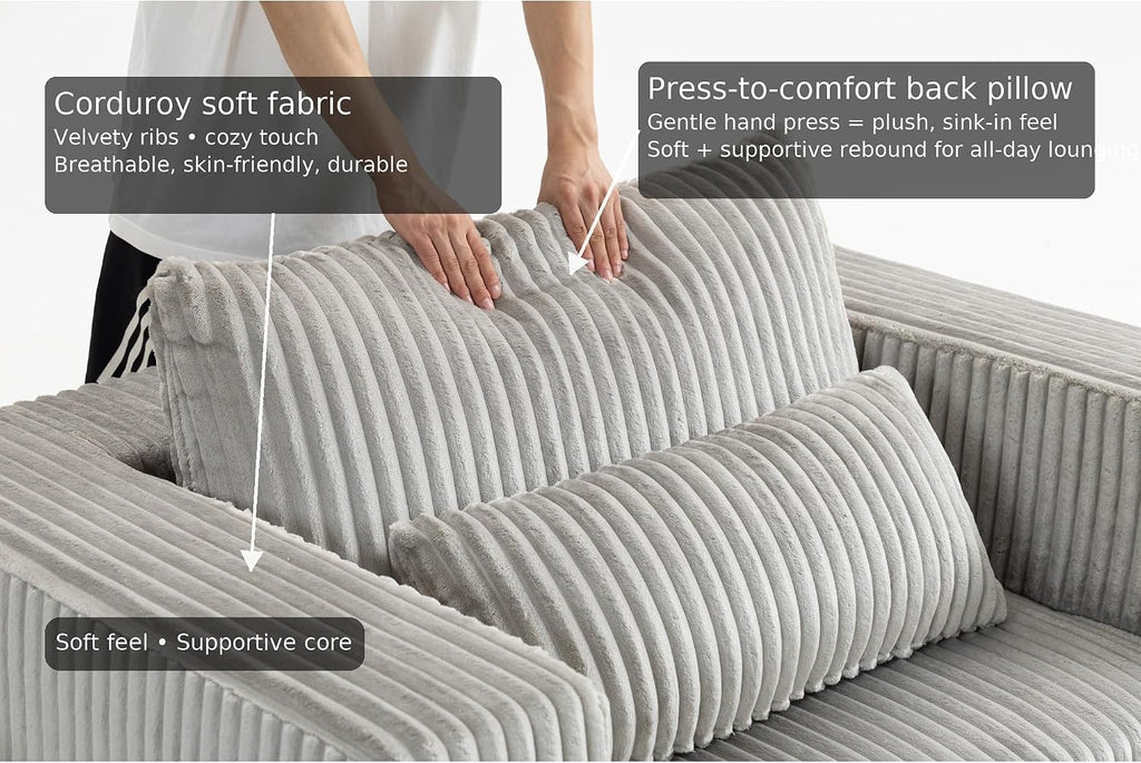 GDFStudio Full-Foam Boneless Sofa with Ottoman, Compressed Cloud Sofa Bed Single Chaise Lounger Small Couches for Small Spaces Bedroom Living Room, Modern Couch Recliner Corduroy Furniture, Smoke Grey