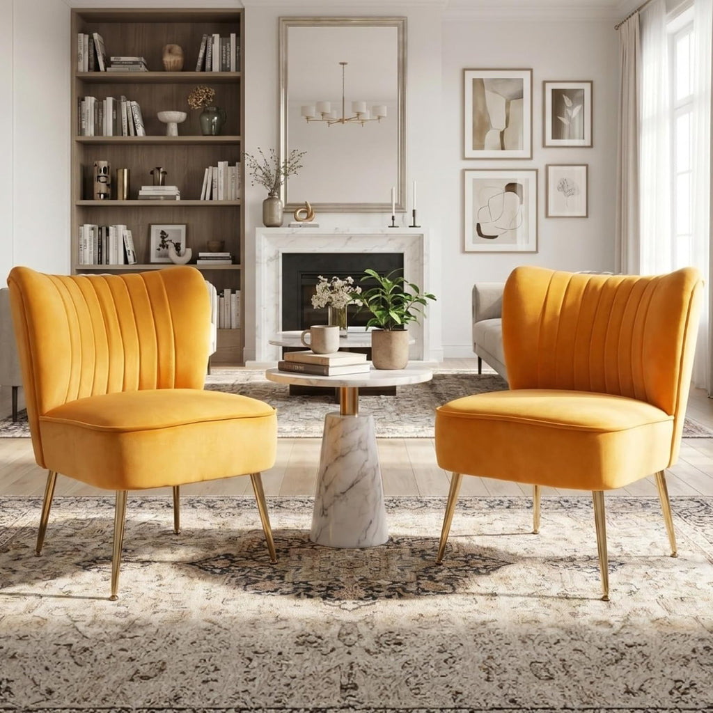 Velvet Accent Chair Set of 2 Comfy Living Room Chair Armless Slipper Mid Century Side Single Sofa Chair with Golden Legs Wingback for Bedroom Guest Room, Yellow