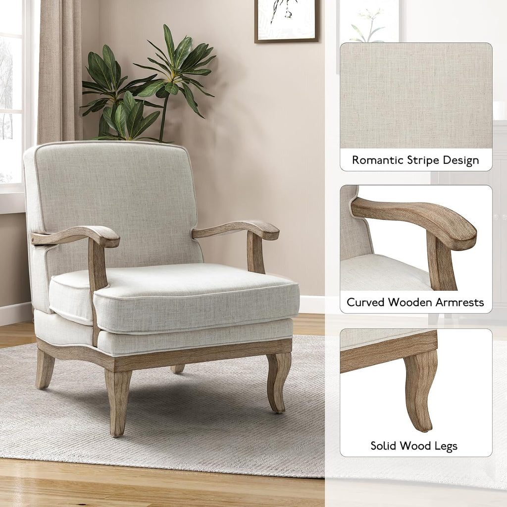HULALA HOME Mid-Century Modern Accent Chair, Upholstered Living Room Lounge Chair, Lounge Armchair with Romantic Stripes & Solid Wood Legs, Living Room Bedroom Single Sofa Chair (Ivory)