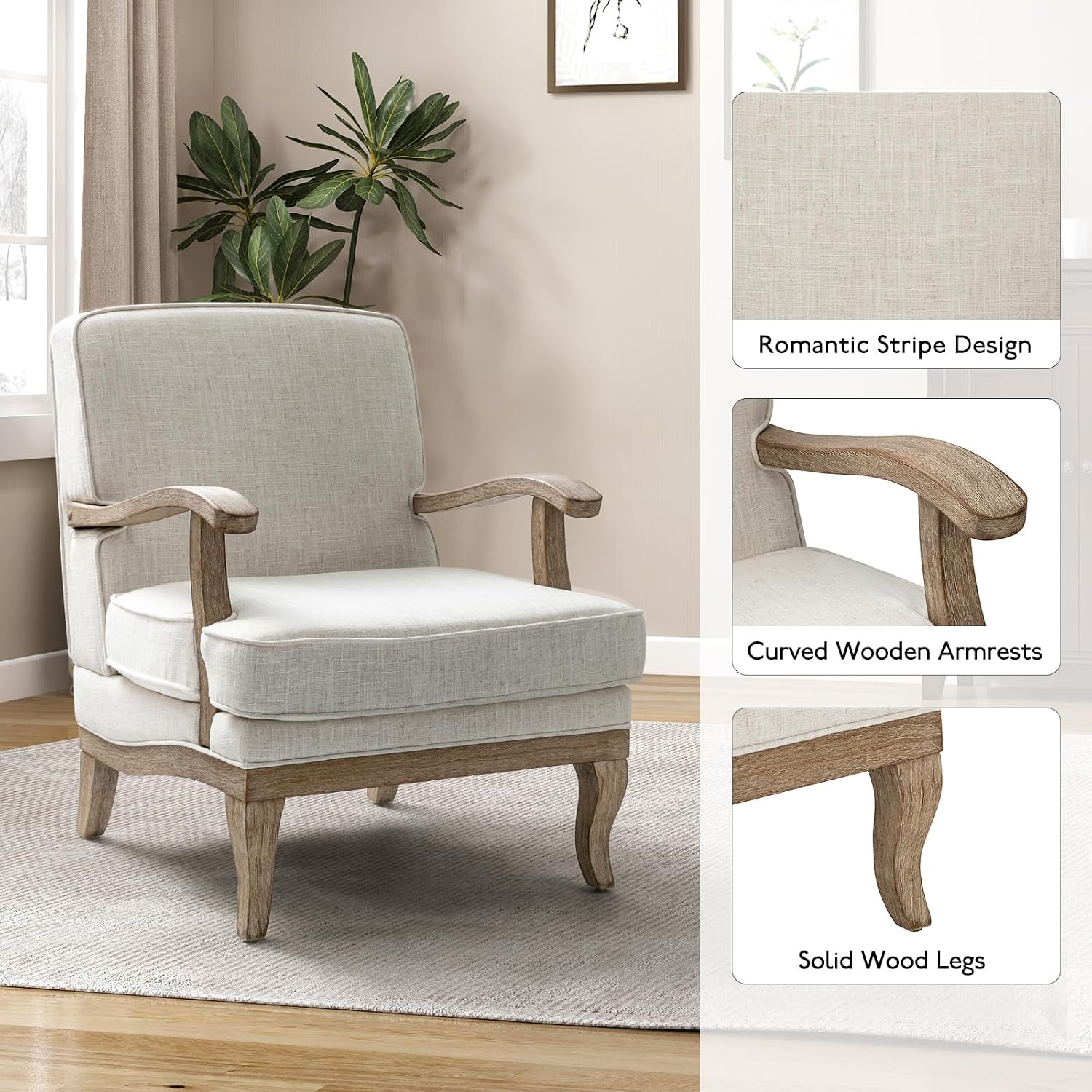 HULALA HOME Mid-Century Modern Accent Chair, Upholstered Living Room Lounge Chair, Lounge Armchair with Romantic Stripes & Solid Wood Legs, Living Room Bedroom Single Sofa Chair (Ivory)
