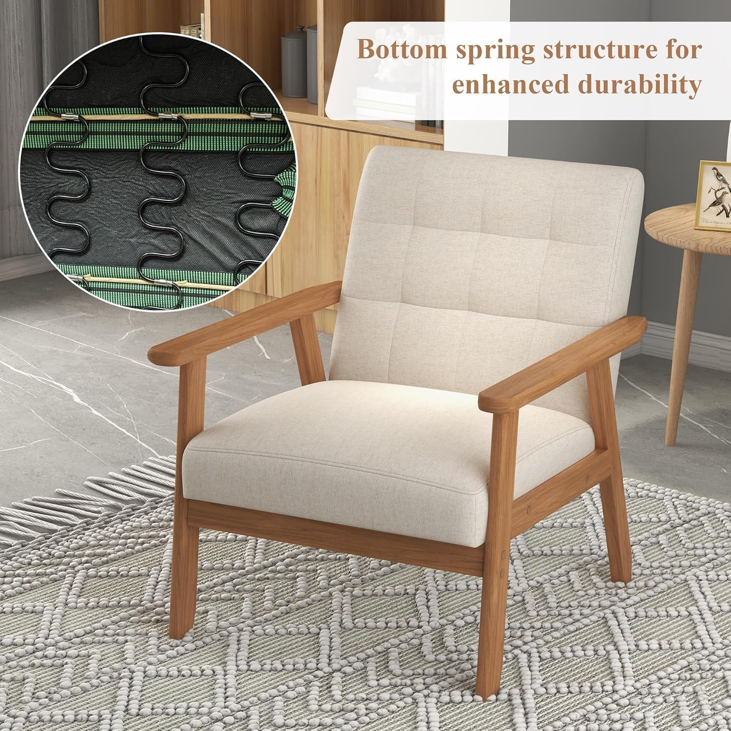 Westice Accent Chair 1PC, Mid-Century Modern Living Room Chairs with Solid Wood Frame & Soft Thicken Cushion, Upholstered Reading Arm Chair for Bedroom, Balcony, Beige Linen Fabric & Natural Legs