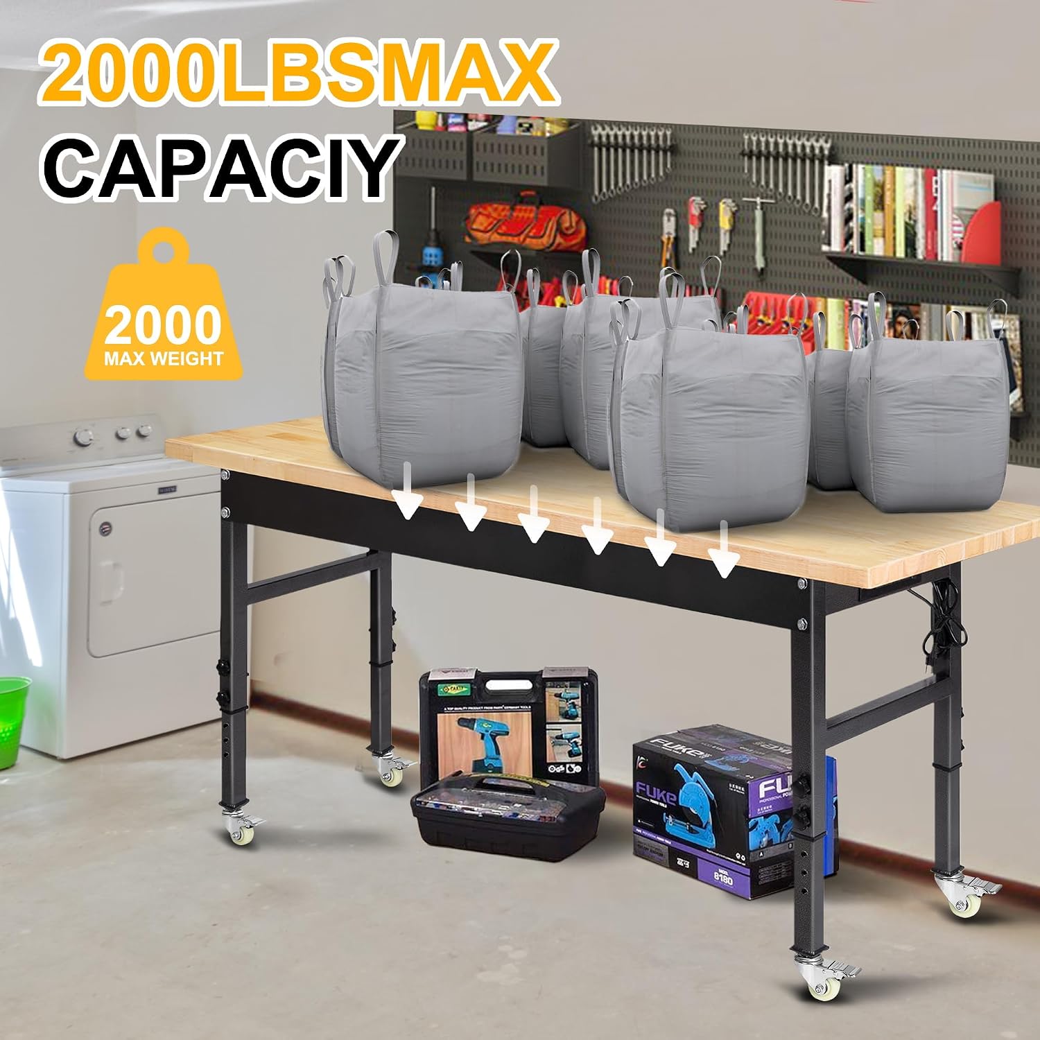60' Adjustable Work Bench, Rubber Wood Top Workbench Heavy-Duty Work Table with Power Outlet and Wheels, 2000 LBS Load Capacity Hardwood Work Benches for Garage, Workshop, Home, Office, Easy Assembly