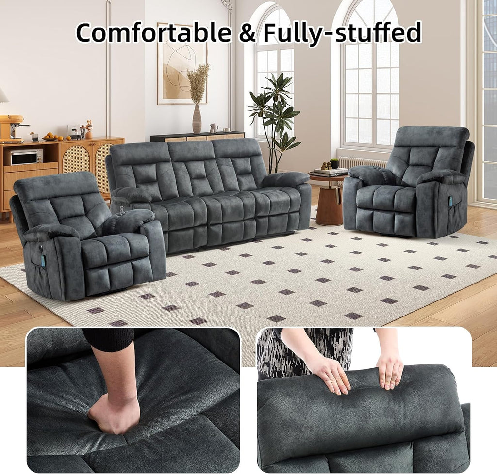 EBELLO Reclining Living Room Set, Soft Fabric Manual Recliner Sofa Furniture Set, Includes 2 Power Lift Recliner Chairs with Massage and Heat and 3 Seat Sofa, Dark Greenish-Grey