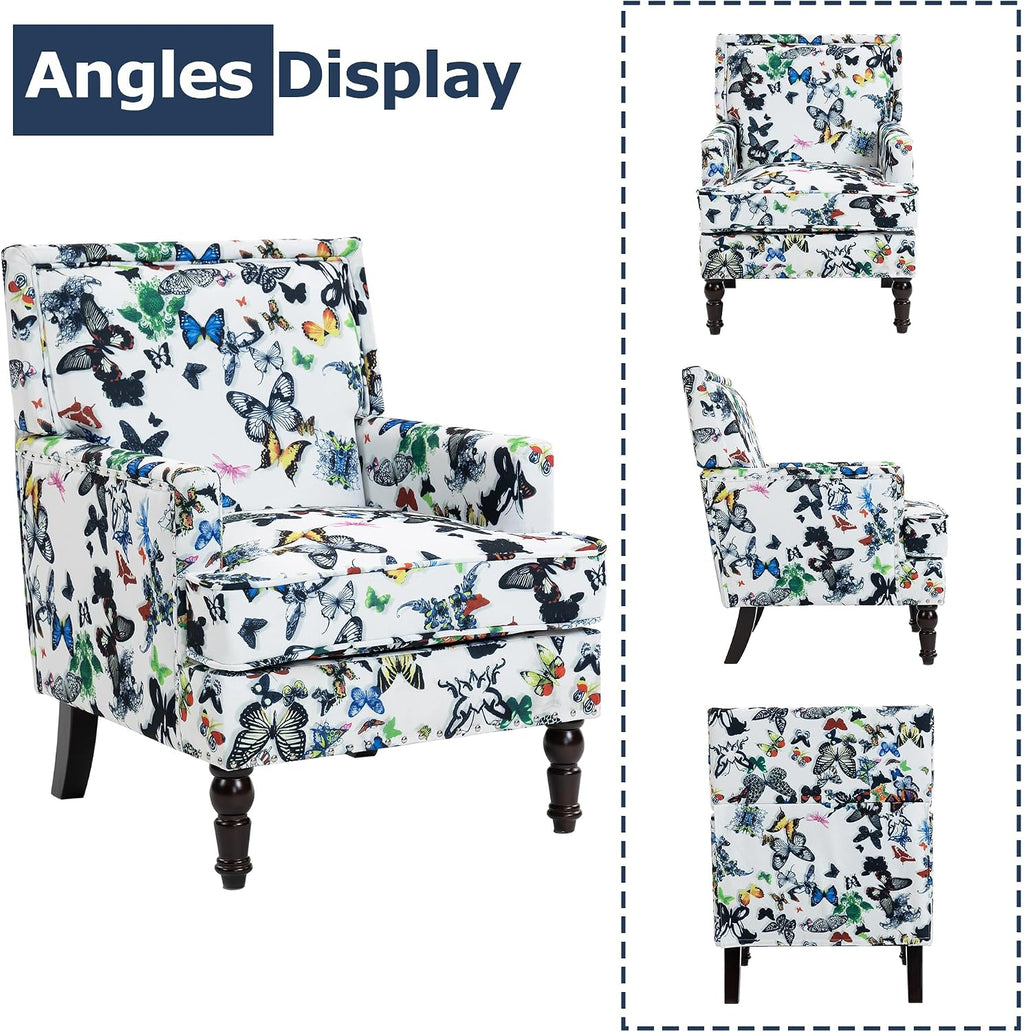 Accent Chair, Modern Comfy Mid-Century Accent Chairs, Linen Upholstered Wingback Lounge Arm Chair with Solid Wood,Single Floral Pattern Sofa Chair for Living Room/Office/Balcony/Bedroom
