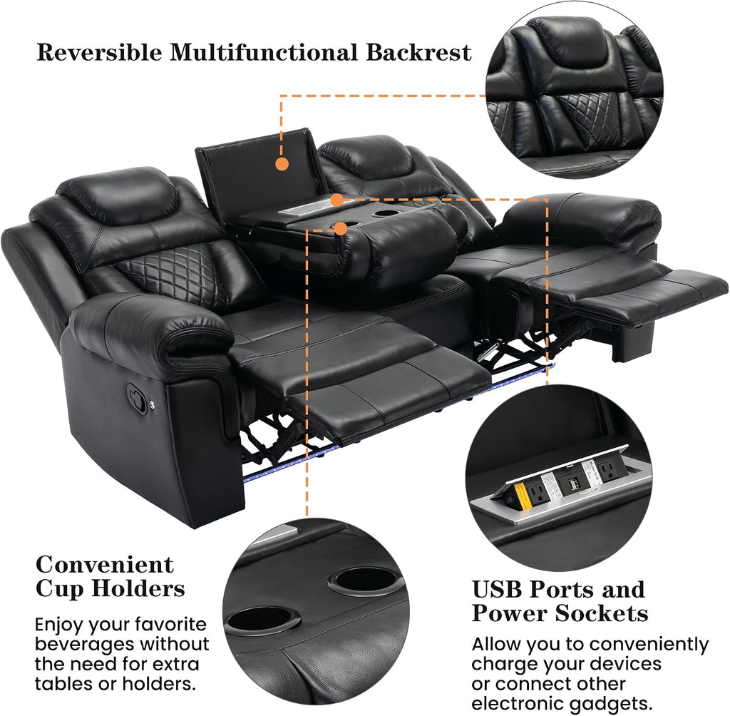 Merax Recliner Chairs Home Theater Seating, with Center Console, Cup Holders, USB Ports, Power Sockets, LED Light Strip