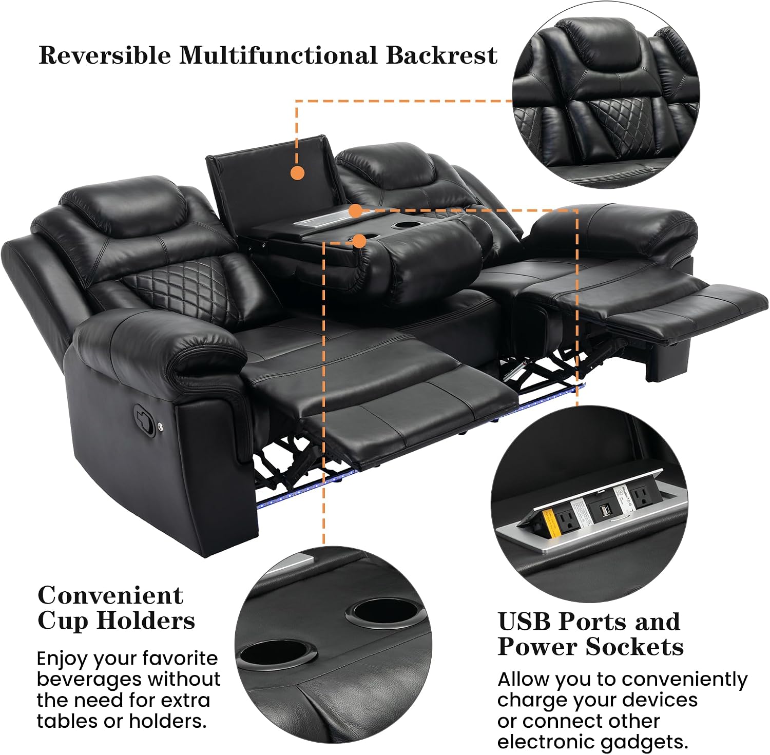 Merax Recliner Chairs Home Theater Seating, with Center Console, Cup Holders, USB Ports, Power Sockets, LED Light Strip