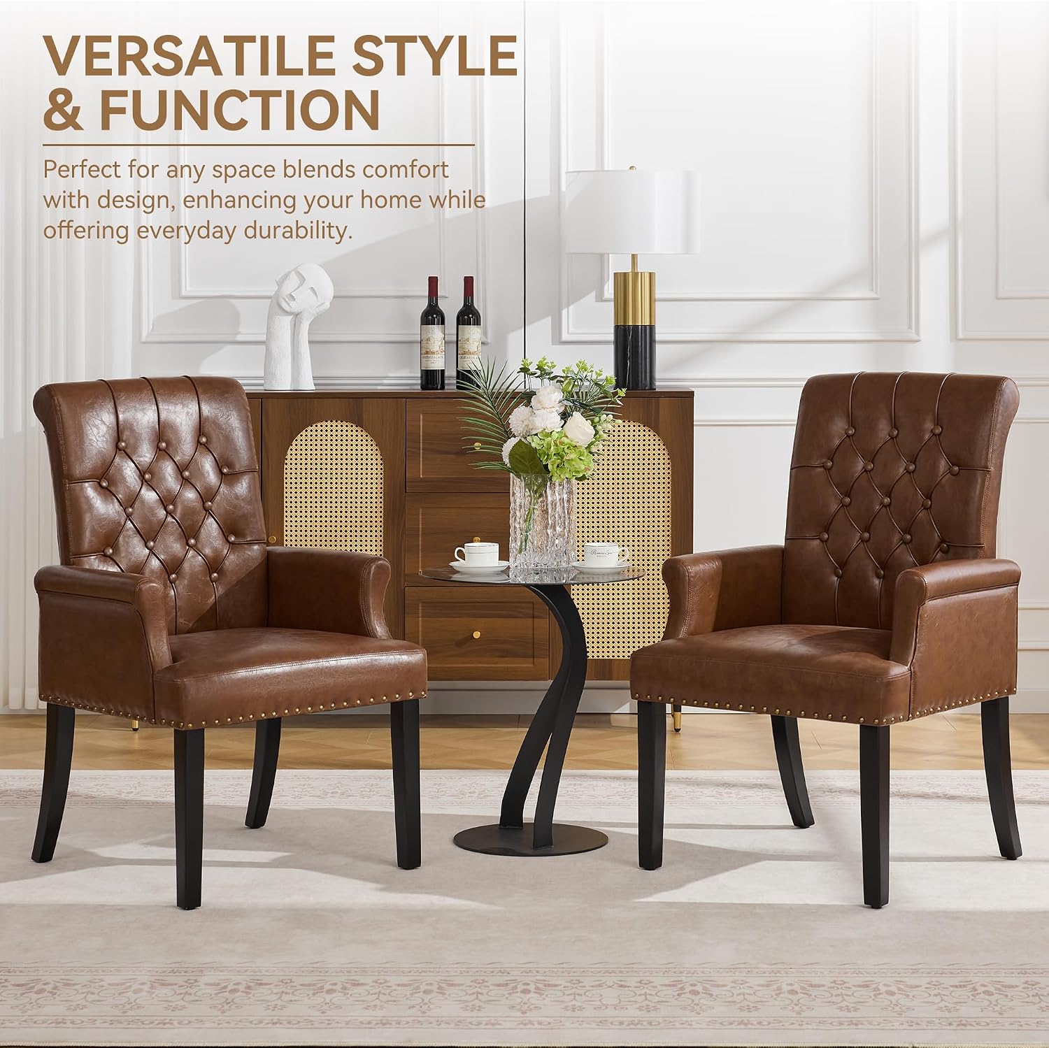 WUTUTUEE PU Leather Dining Chair with Arms, Upholstered Tufted High Back Dining Room Chairs, Accent Armchair with Solid Wood Leg and Nailhead Trim, Kitchen Dining Living Room, Coffee