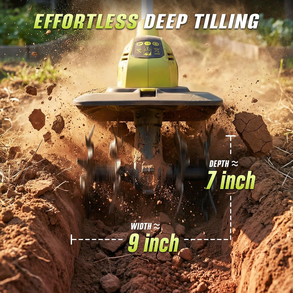 SEYVUM Cordless Tiller for Gardening, 20V 2 X 4.0Ah Battery Powered Cultivator, 9-in Tilling Width and 7-in Depth Electric Rototiller, 360 RPM Garden Tiller for Soil Cultivation