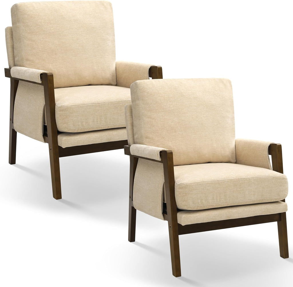 RNKSFX Accent Chairs for Living Room Set of 2, Modern Arm Chairs for Bedroom, Wooden Upholstered Mid Century Accent Chairs, Beige