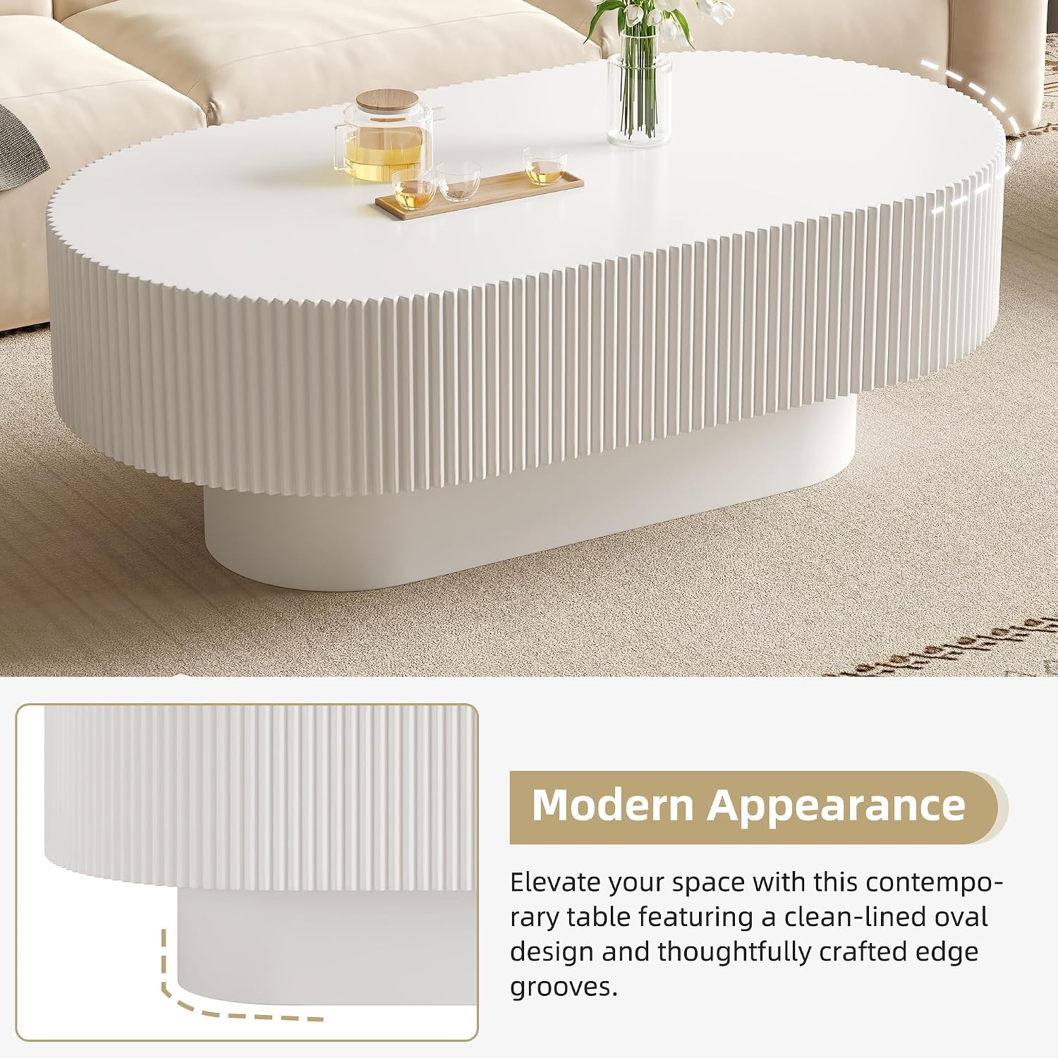 Merax Modern Large Oval Coffee Table with Sturdy Base, Wood Minimalist Fluted Center End Tables for Living Room Reception Room, Easy Assemble,White