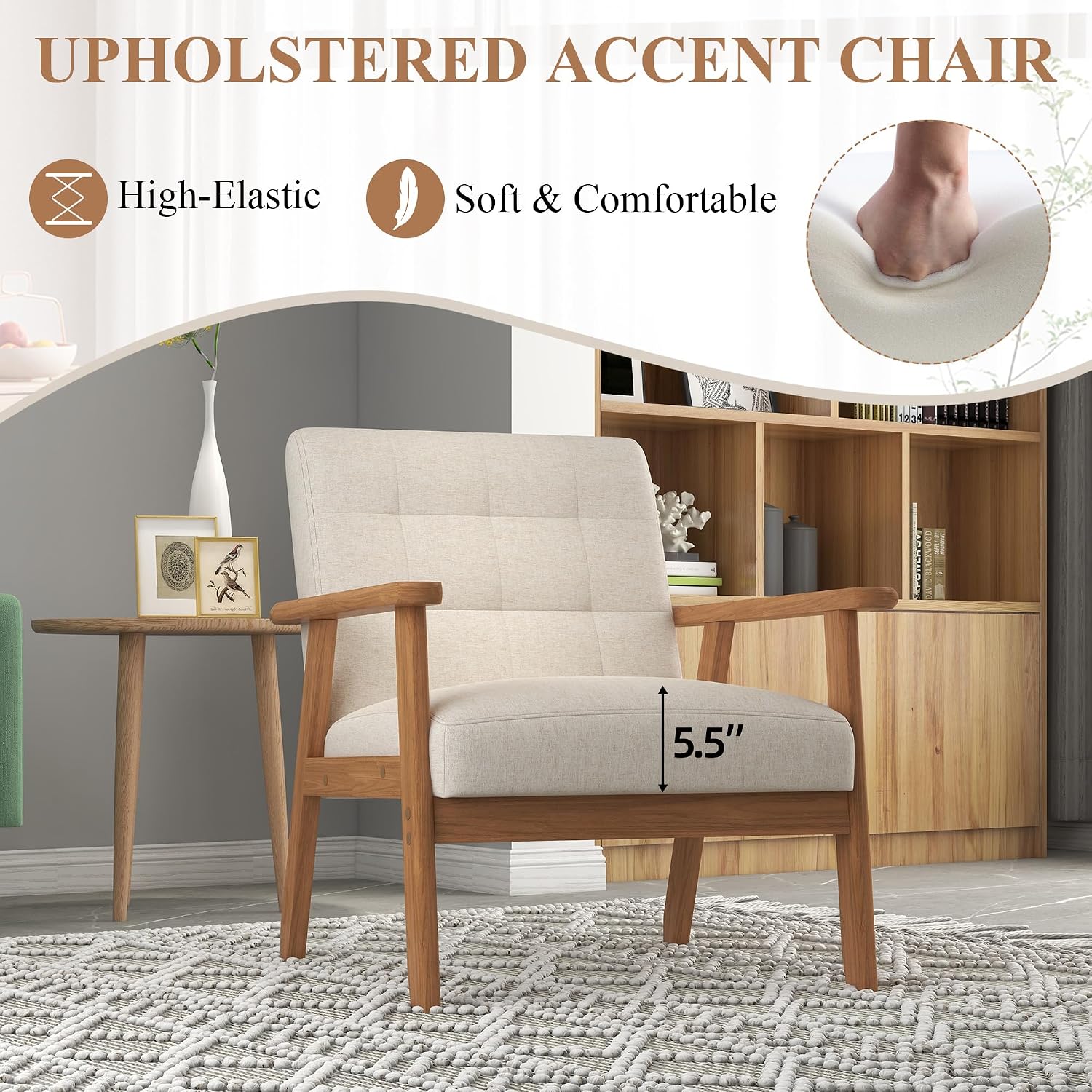 Westice Accent Chair Set of 2, Mid-Century Modern Living Room Chairs with Solid Wood Frame & Soft Thicken Cushion, Upholstered Arm Reading Chair for Bedroom, Balcony, Beige Linen Fabric & Natural Legs