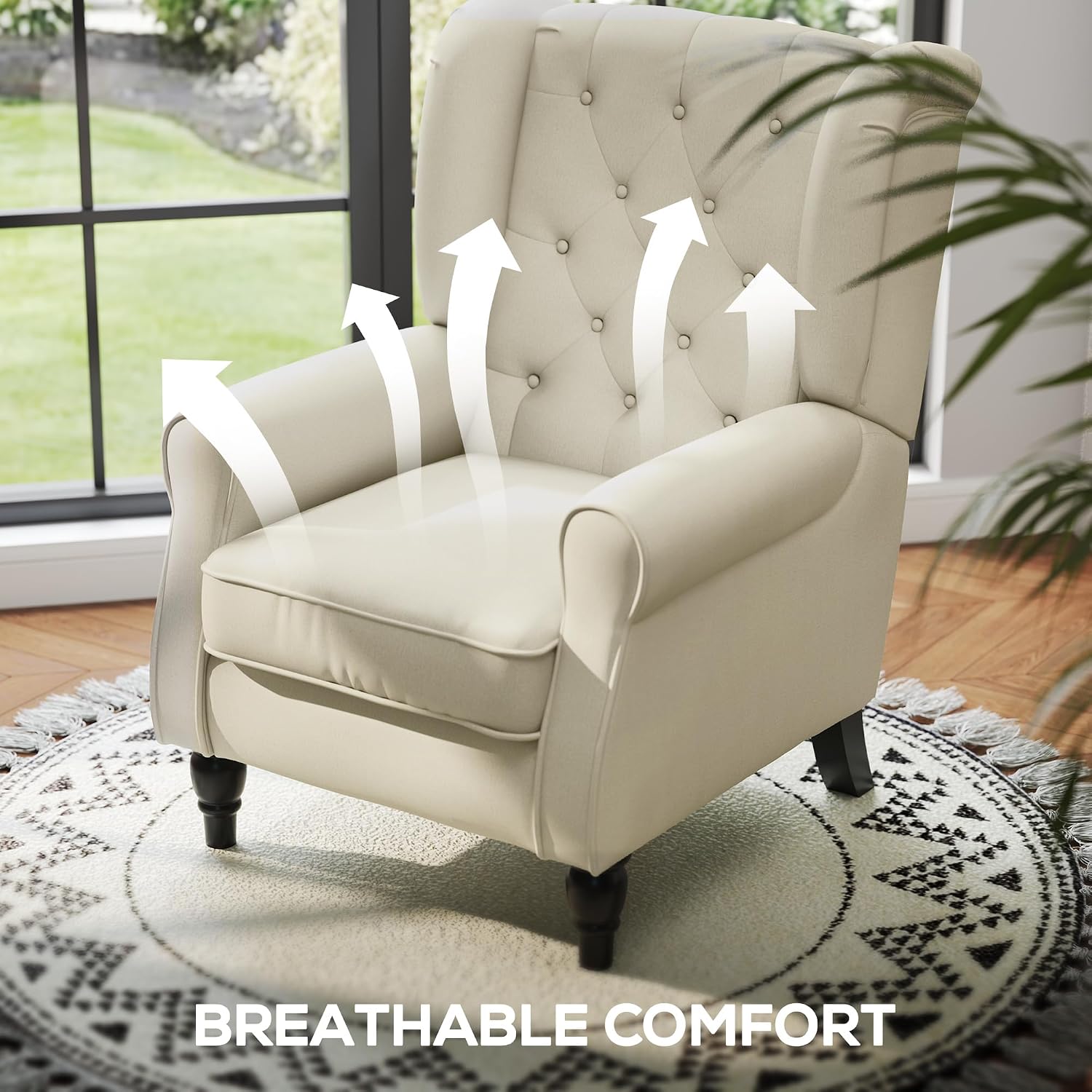 HOMCOM Mid-Century Modern Accent Chair, High Wingback Reading Chair, Button-Tufted Upholstered Fabric Armchair with Retro Wood Legs for Apartment, Living Room, Bedroom, Cream White