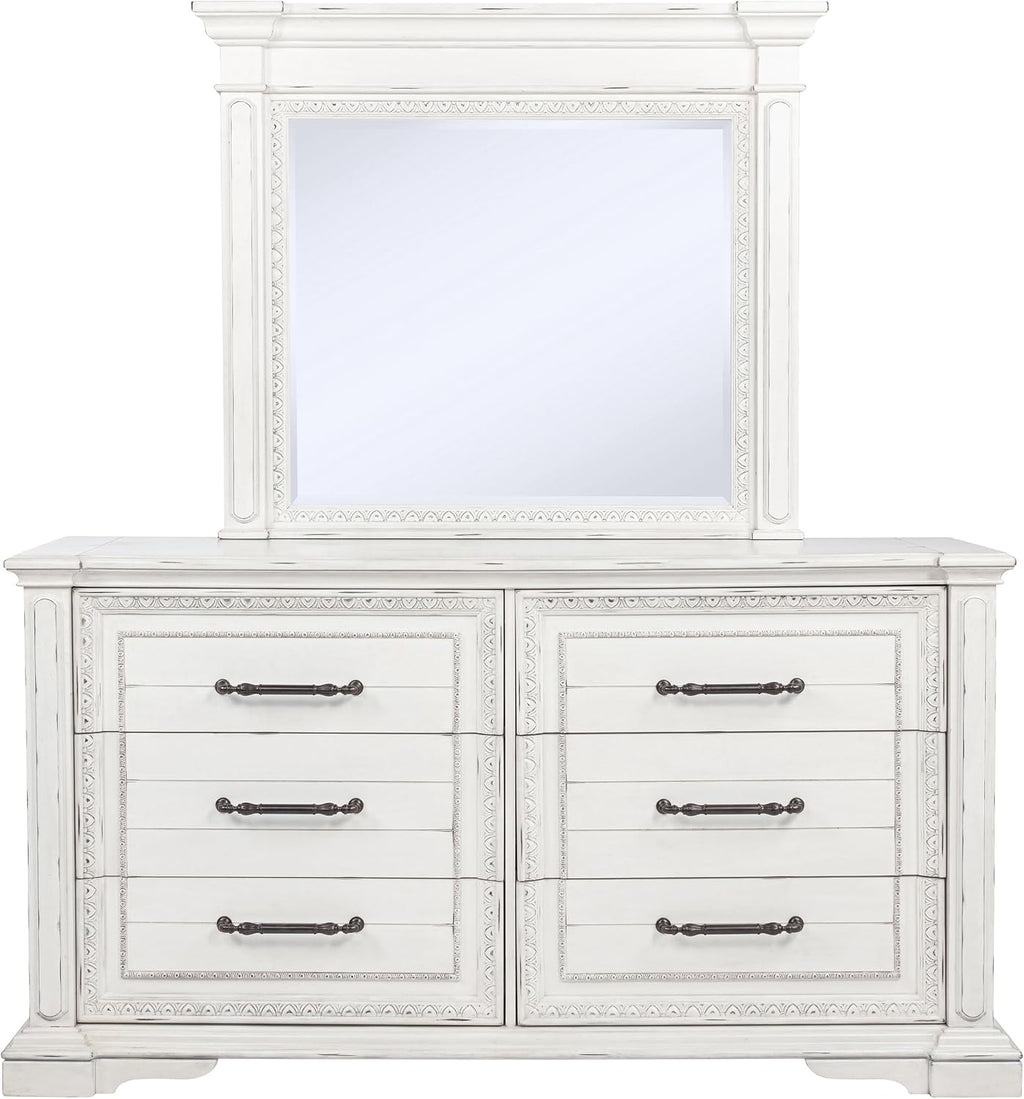 Coaster Home Furnishings - McKinney - Poplar Wood - 6-Drawer Dresser with 50-Inch Rectangular Mirror, Traditional Style, Jewelry Tray, and Antique Bronze Hardware - Bedroom - Vintage White - 215873M