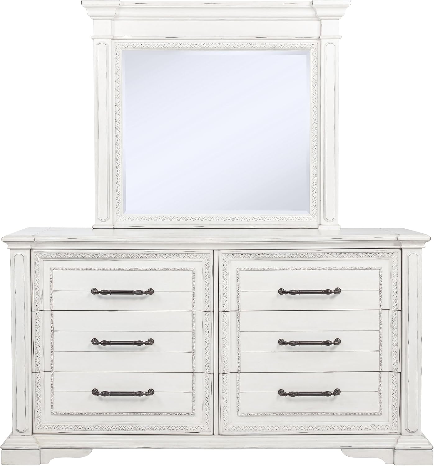 Coaster Home Furnishings - McKinney - Poplar Wood - 6-Drawer Dresser with 50-Inch Rectangular Mirror, Traditional Style, Jewelry Tray, and Antique Bronze Hardware - Bedroom - Vintage White - 215873M