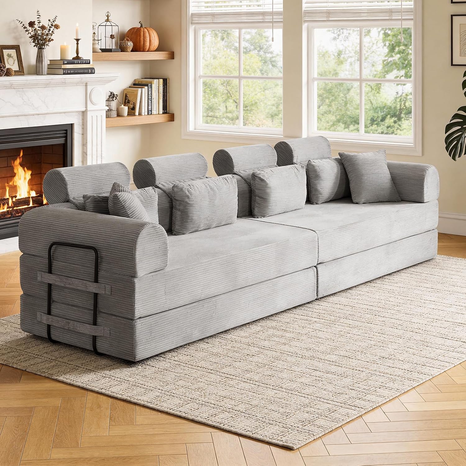 KEIKI 6-in-1 Folding Convertible High Back Sofa Sleeper, 106' Oversized Modular Sectional Corduroy UpholsteredL Shape Couches for Living Room, High-Density Foam Chaise Lounge Indoor, Light Gray
