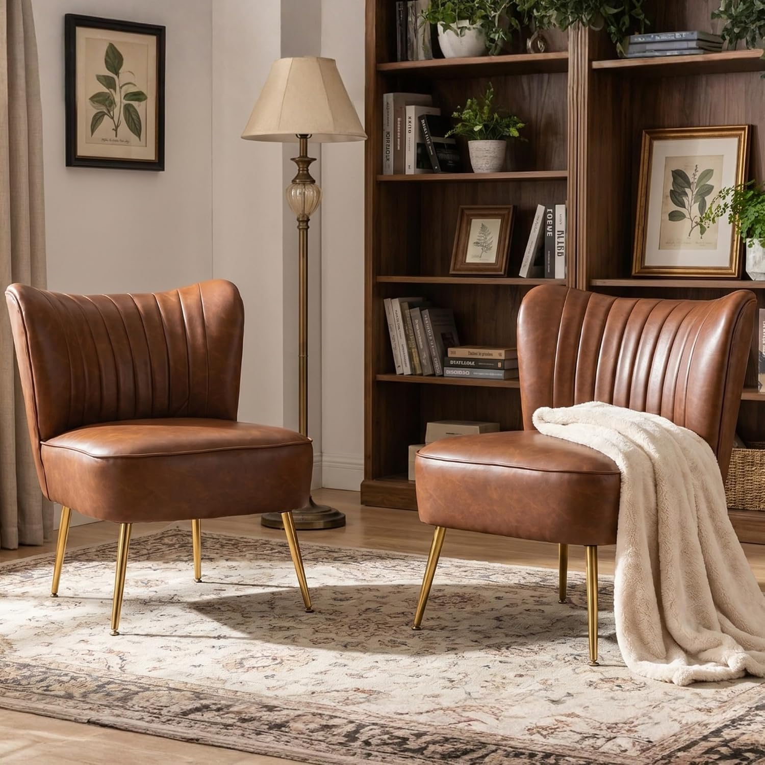PU Leather Accent Chair Set of 2 - Comfy Armless Slipper Mid Century Side Chair With Golden Legs - Wingback Single Sofa for Living Room, Bedroom, Guest Room - Brown